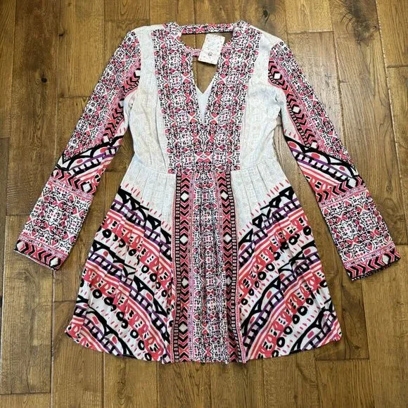 NWT Free People Tegan Border Print Bell Long Sleeve Tunic Mini Dress Sz 0 - Picture 1 of 6